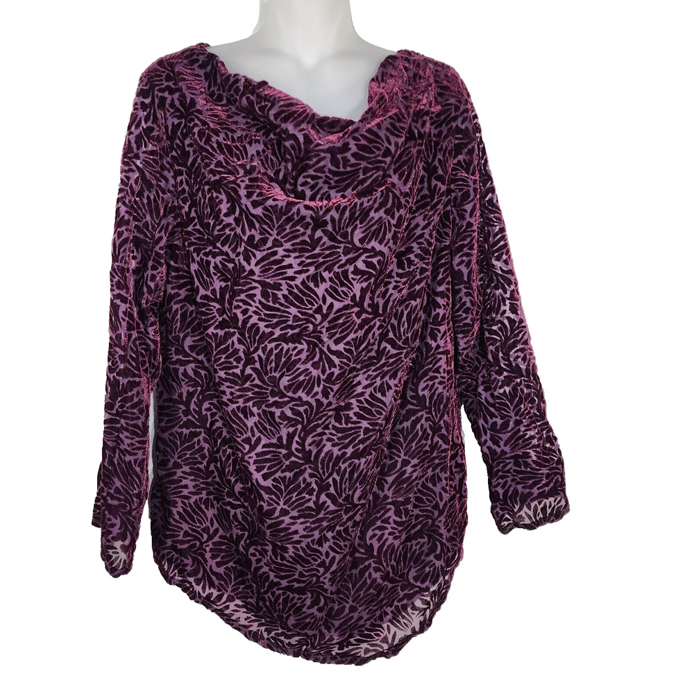 Coldwater Creek Top Womens Size PM Purple Textured Sheer Cowl Neck Artsy Velvet